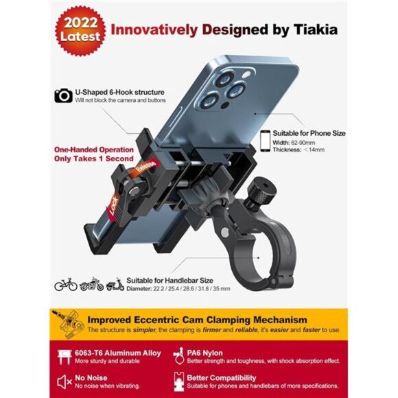 Bike Phone Mount Holder, Aluminum Motorcycle Phone Mount, Handlebar Mounted Cell - Picture 2 of 7